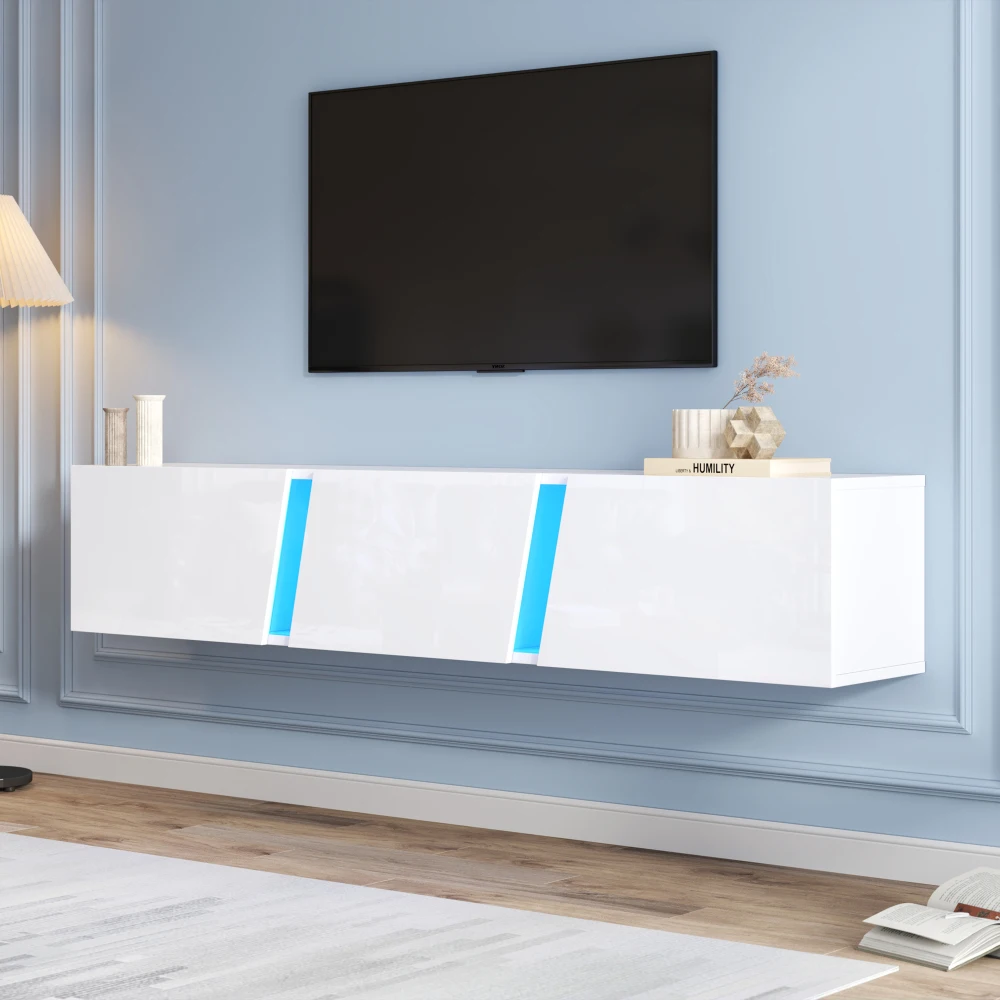 Meuble TV mural, meuble TV bas avec éclairage LED, meuble TV avec 3 portes, adapté aux téléviseurs de 75 pouces