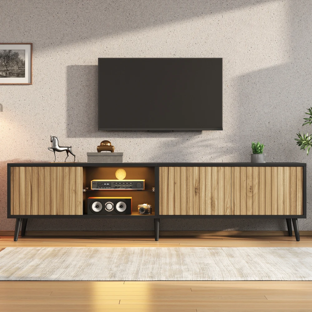 Meuble TV LED, meuble bas avec 6 pieds de support, meuble en verre trempé, 3 compartiments pour un grand espace de rangement