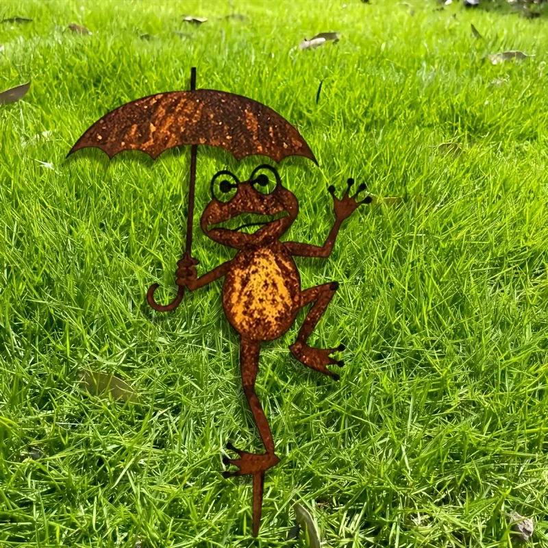 Décoration de jardin vintage en métal, grenouille tenant un parapluie, idéale pour la décoration extérieure de la cour, décoration de jardin, ornements artistiques de jardin, sans besoin de