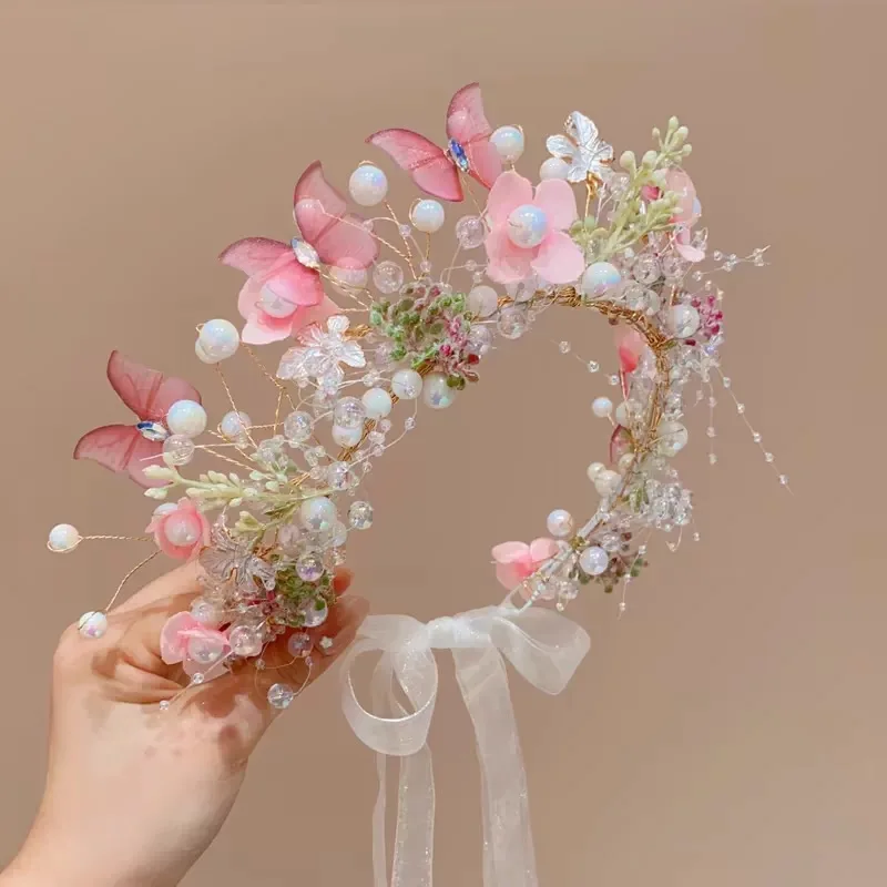 Couronne de fleurs douce pour filles, bandeau rose pour femmes, couronne de fleur pour bouquets, couronne de fleur cheveux bandeaux à fleurs bleues, couronne de fleur, cadeau