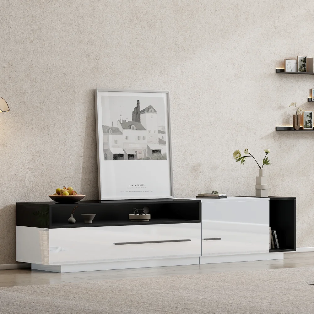 Meuble TV brillant, meuble bas, support TV, meuble TV latéral, 170 cm – pour téléviseurs jusqu'à 70 pouces avec tiroir, porte et compartiment ouvert