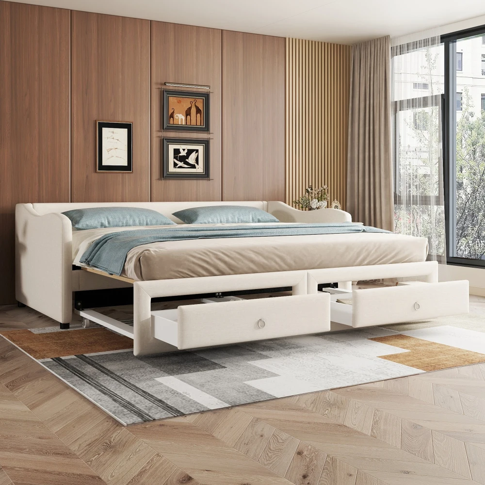 Lit de jour avec lit escamotable, canapé-lit avec deux tiroirs, lit simple (sans matelas), linge de maison, design minimaliste, beige