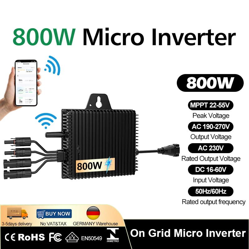 Micro-onduleur solaire 800W 2 MPPT, onduleur connecté au réseau DC 22-60V vers AC 110V 220V 230V, onduleur à onde sinusoïdale pure automatique, WiFi, IP67, étanche