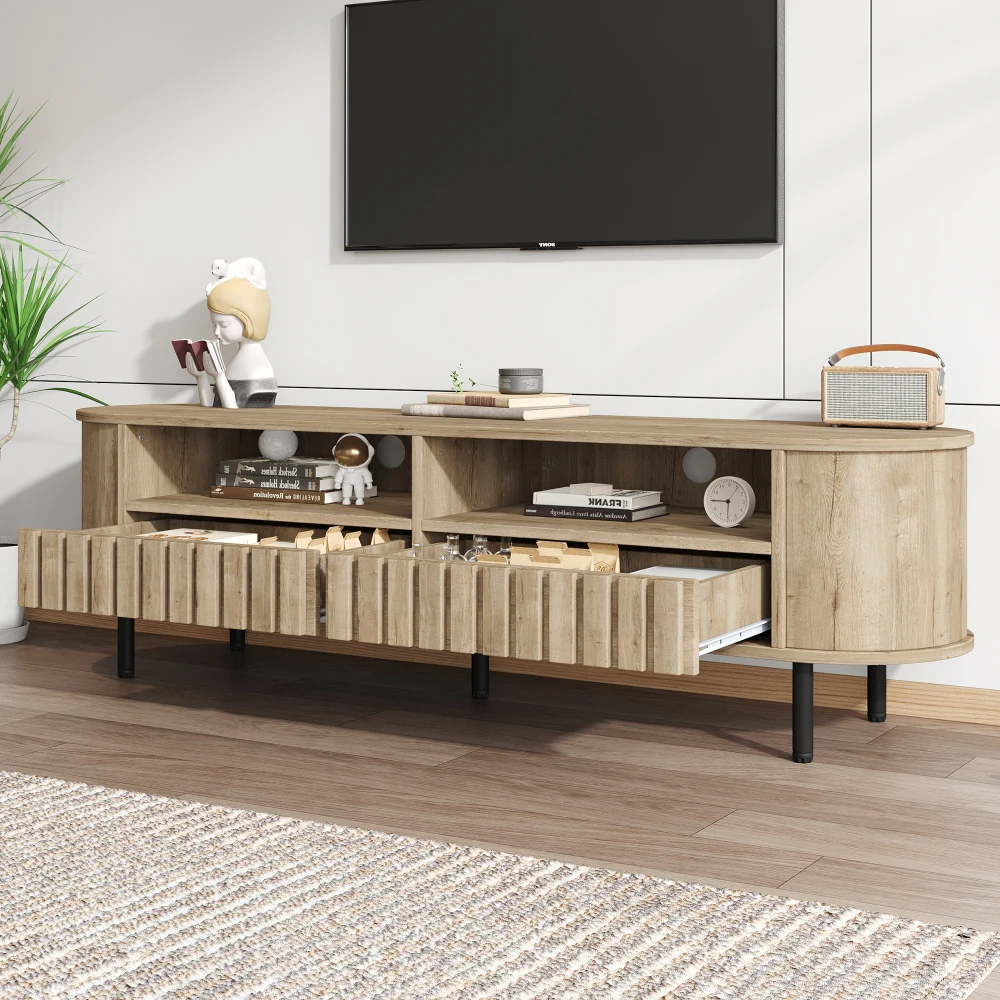 Meuble TV, meuble bas avec 2 armoires, 2 tiroirs, meuble TV couleur bois naturel avec 5 pieds de support, adapté aux téléviseurs de 65 pouces