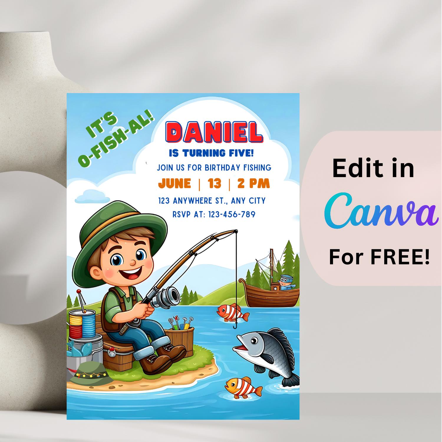 Invito di compleanno a tema pesca, invito per festa di pesca, invito a tema pesca, compleanno divertente con mulinello da pesca, modello di invito per