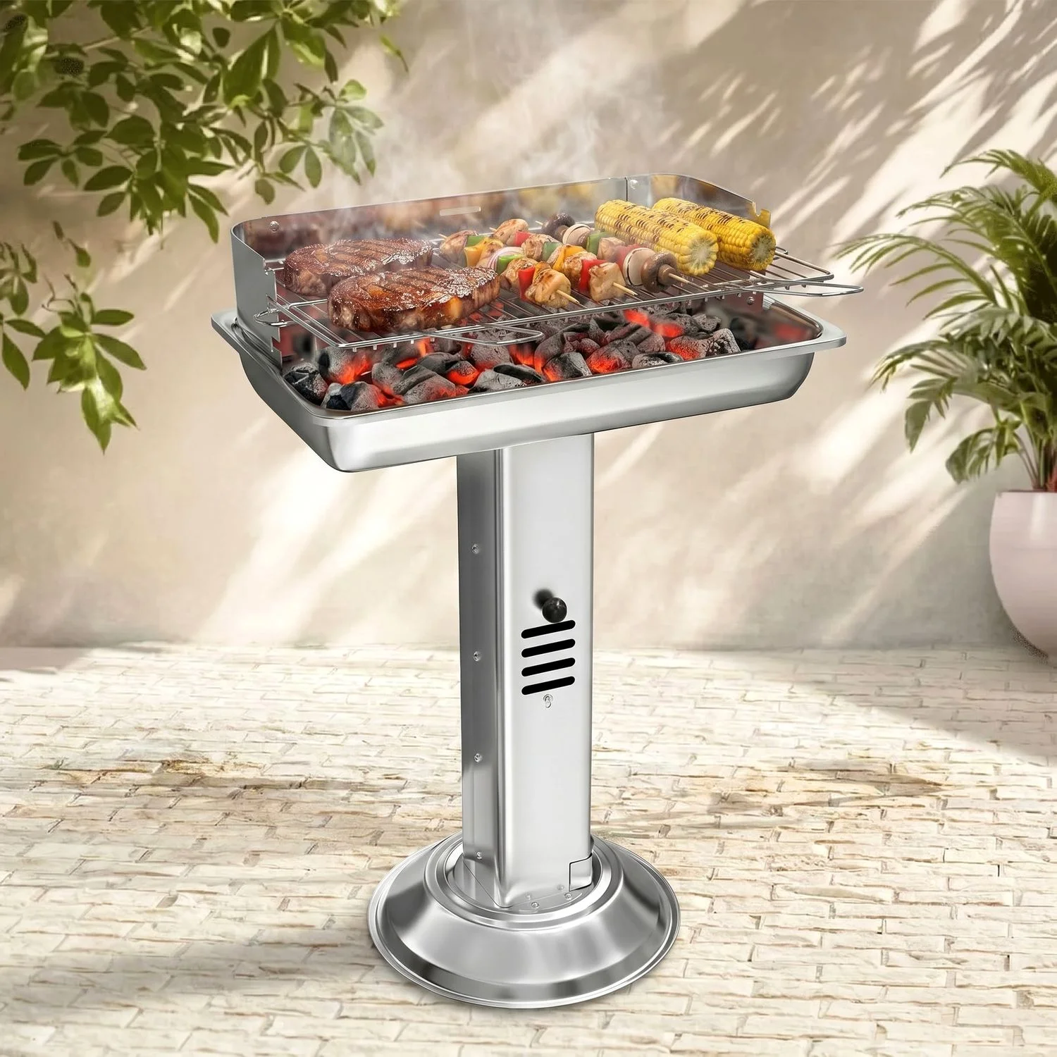 Barbecue au charbon en acier inoxydable, barbecue sur pied, barbecue en acier inoxydable avec grille chromée, pour barbecue, plage, camping