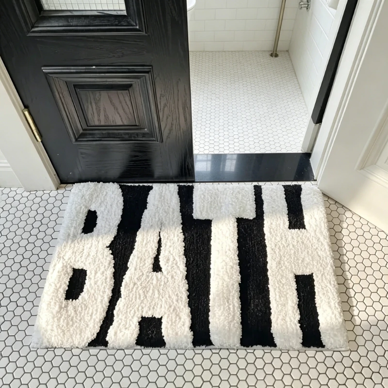 Tapis de bain antidérapant design BATH, tapis de salle de bain en polyester ultra absorbant, tapis d'entrée texturé noir et blanc pour salle de bain