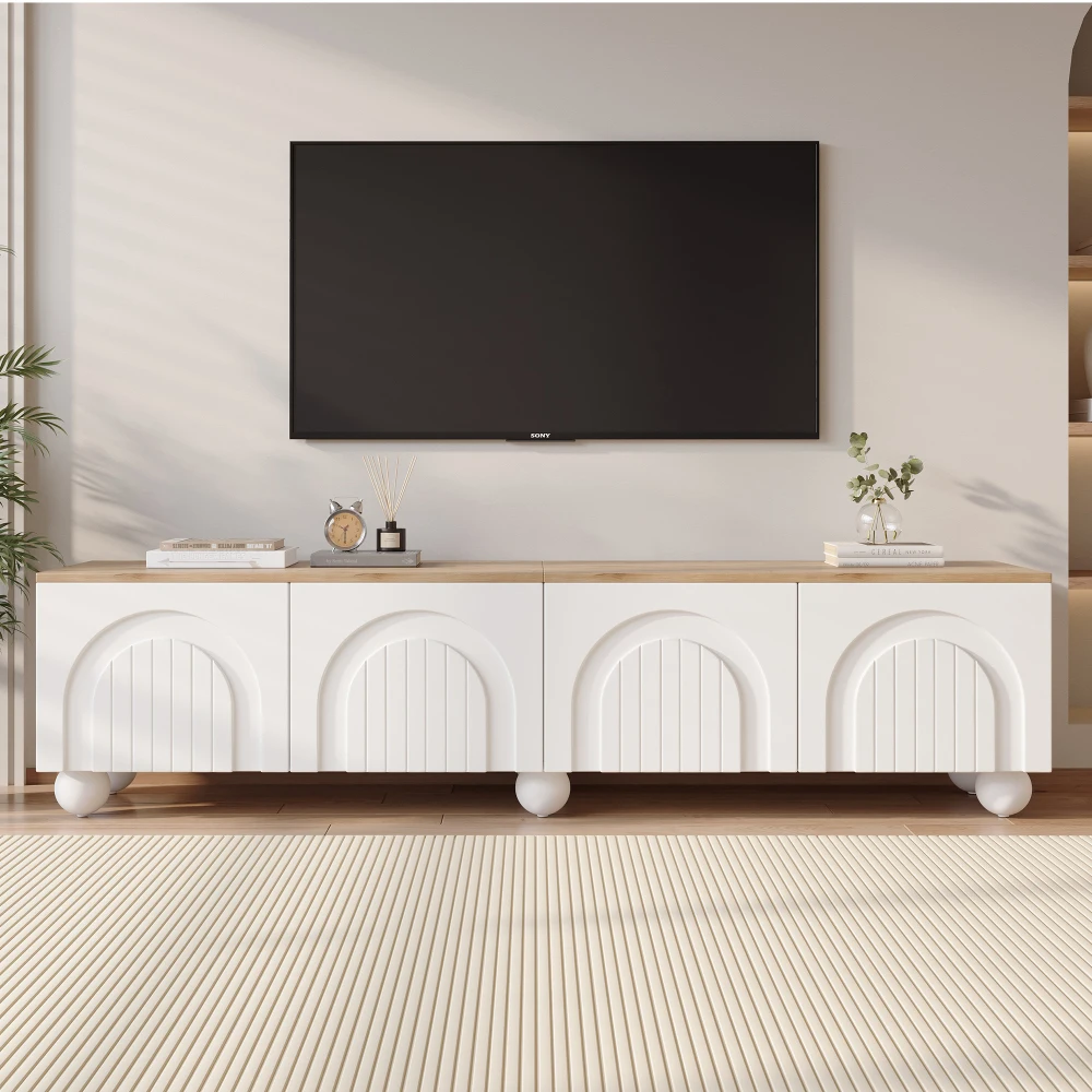 Meuble TV avec 4 tiroirs, 6 pieds en métal en forme de boule, meuble bas et table TV, meuble TV adapté aux téléviseurs jusqu'à 80 pouces