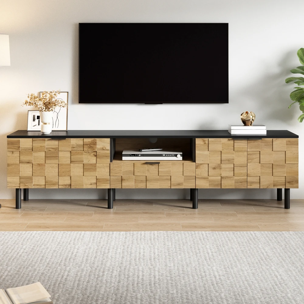 Meuble TV moderne en mosaïque, meuble TV bas, 2 portes avec tiroir, meuble TV pour salon, finition bois, pieds en métal, compartiment ouvert