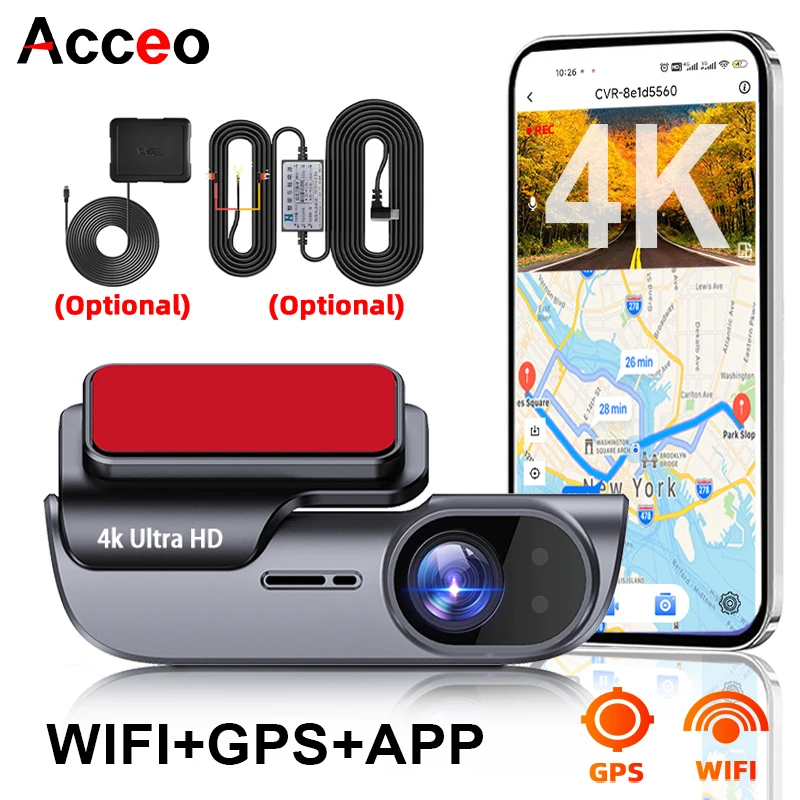 Caméra embarquée ACCEO 4K pour voiture, enregistreur vidéo de tableau de bord avant avec vision nocturne, GPS, Wi-Fi, enregistrement vidéo de stationnement 24h/24, enregistrement en boucle, boîte