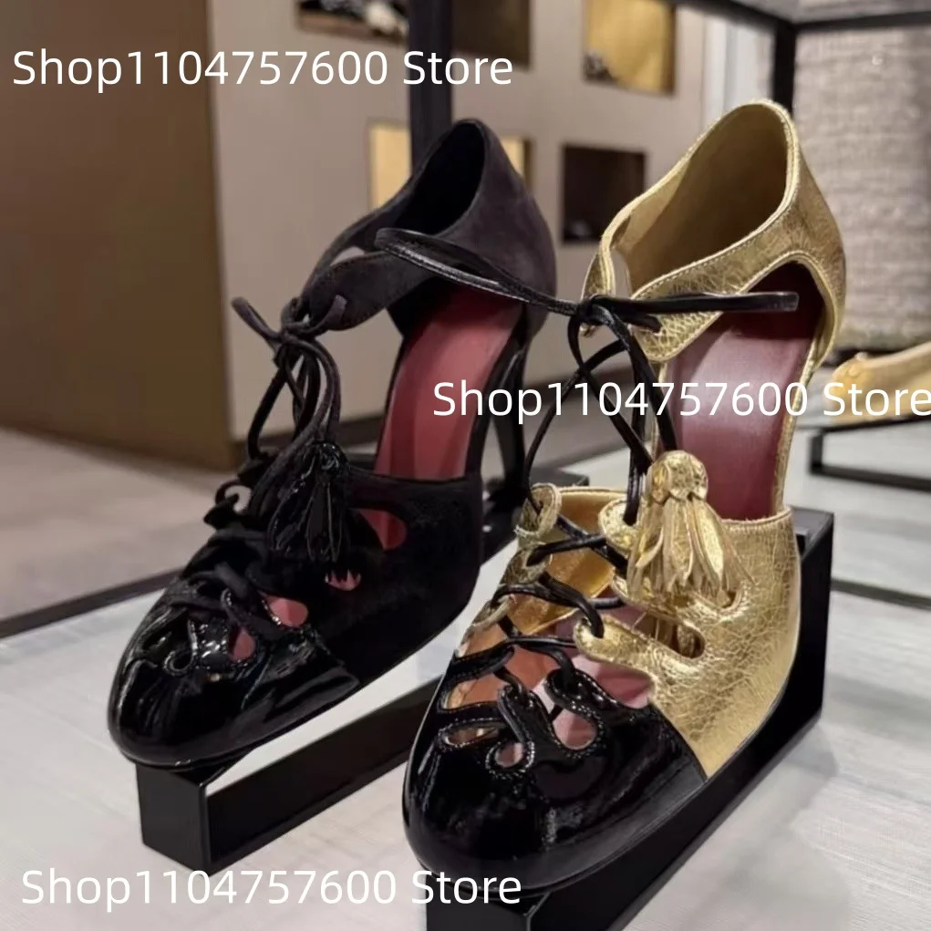 Women's Suede Patent Leather Heels Lace-Up Cutout Detail Stiletto Heel Modern Dress Ladies Casual Retro Office Classic Sandals