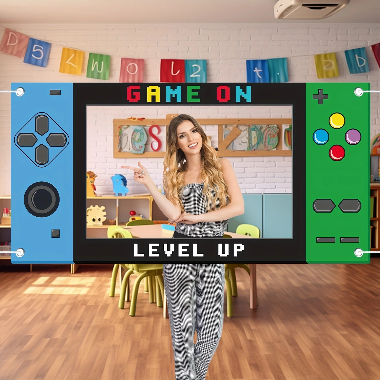 Game On Level Up Photo Booth Frame, Gamepad Themed Backdrop for Video Game Birthday Party Photo Prop Decor