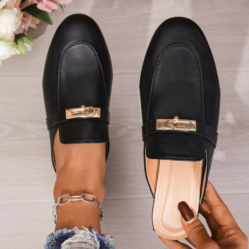 Women Brown PU Leather Loafers Mules Closed Toe Flat Slippers Metal Buckle Slip on Summer Casual Office Comfort Footwear 2026