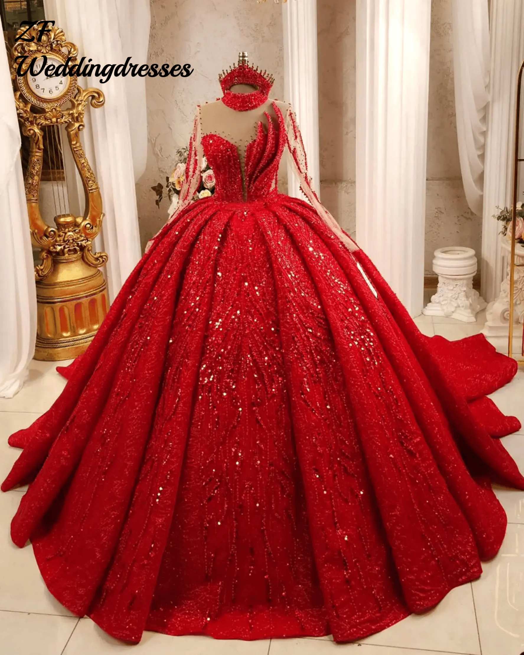 Customized Red Ball Gown Wedding Dresses Beaded Crystals Pearls Lace Bridal Gowns Big Size Sweep Train Vestido De Novia