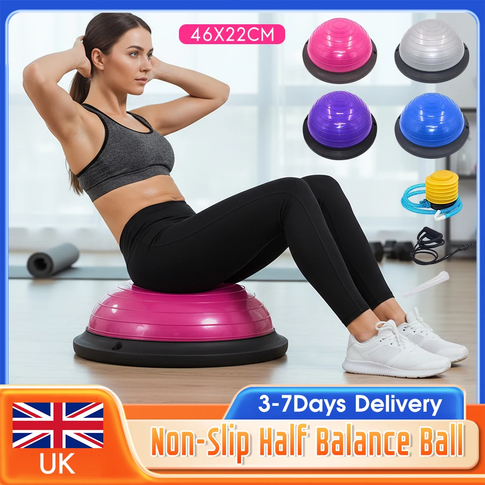 Half Yoga Exercise Ball Non-Slip Sport Balance Trainer with Resistance Bands Foot Pump for Home Gym Stability Fitness Workouts ﻿