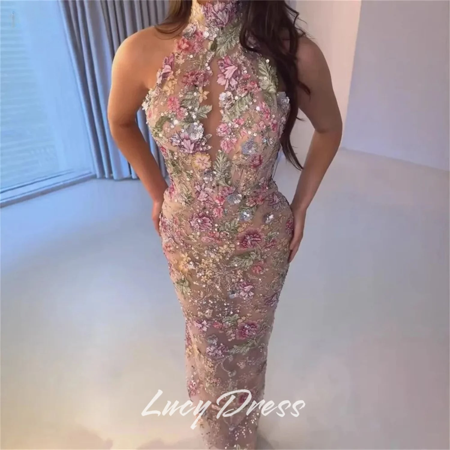 Lucy Tulle High Neck Champagne Mermaid Evening Dress 2026 Prom Dress Sleeveless Flowers 3D Floral Formal Evening Gown Customized