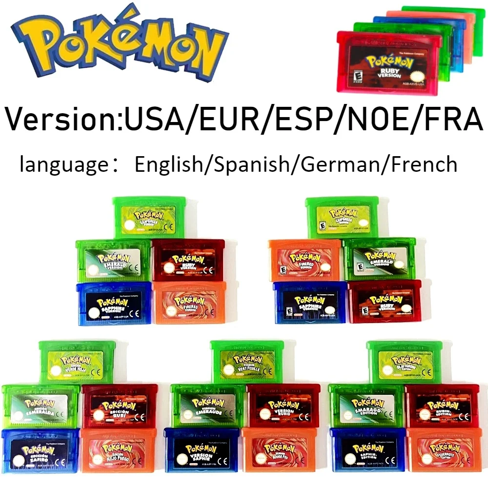 GBA Game Cartridge 32Bit Video Game Console Card Pokemon Emerald FireRed LeafGreen Ruby Sapphire Shiny Label NOE/FRA/ESP Version