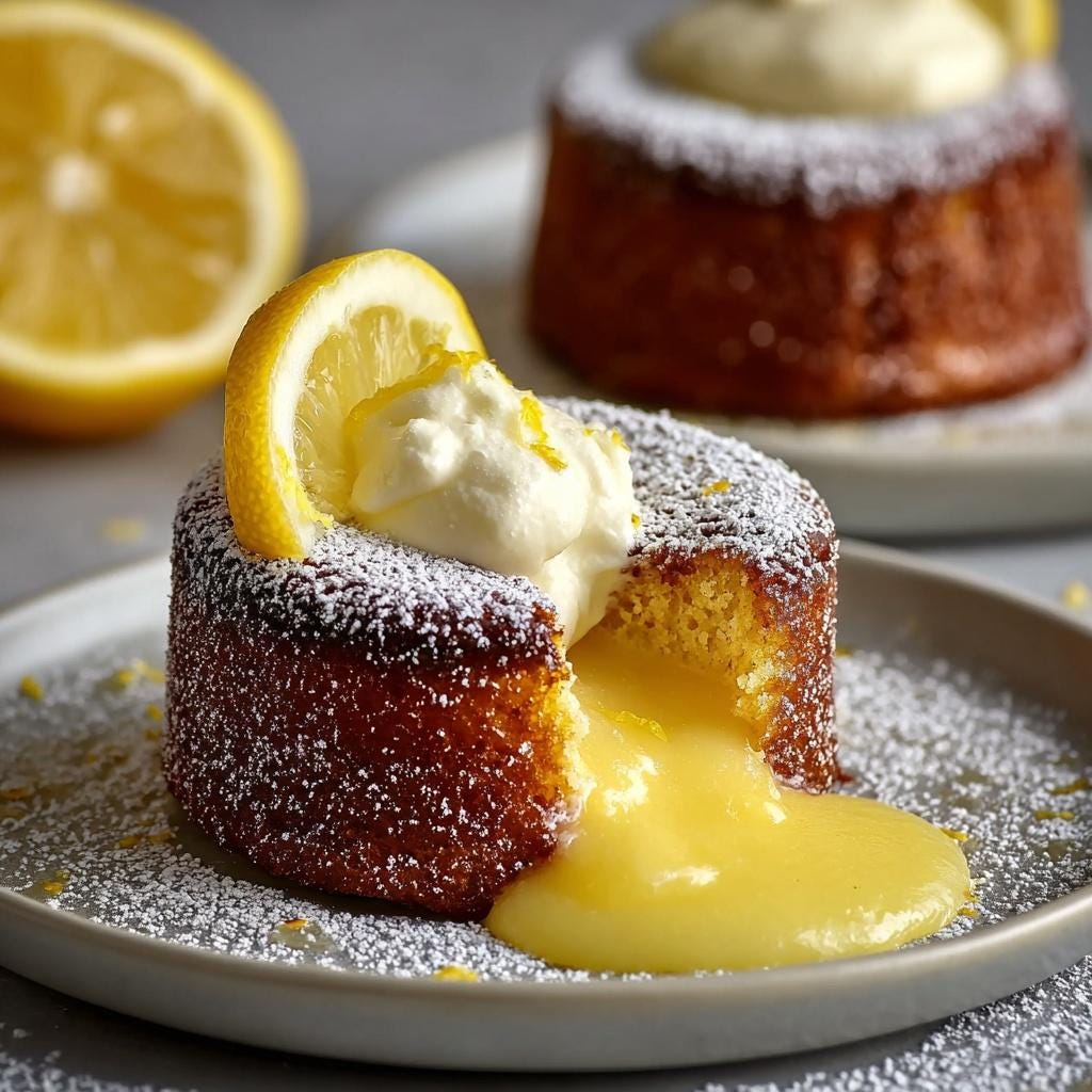 Ricetta PDF della torta al limone con cuore fondente - Dessert al limone fuso, Ricetta facile per torte monoporzione, Dessert gourmet veloce, Torta da