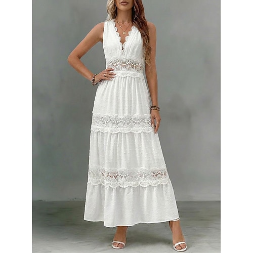 Damen Maxikleid Spitzenkleid Weißes Kleid Elegant Mode Strand Urlaub Ferien Normale Passform Einfach Ärmellos Tiefer V-Ausschnitt Weiß Sommer Frühling Image