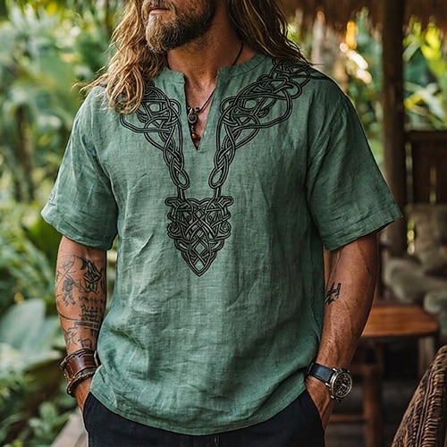 Herren Hemd Wikinger-Stil Sommerhemd Strandhemd Einfarbig Lässig Täglich Blau Schwarz Weiß Rosa Kurzarm V Ausschnitt Sommer Frühling Bekleidung Image