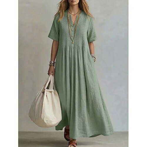 Damen Maxikleid Kleider in Leinenoptik Boho-Kleid Faltenkleid Elegant Bohemien Lässiger Schnitt Einfach Kurzarm Einkerbiger Ausschnitt Blau Hellblau Gelb Hellgrün Sommer Frühling Image