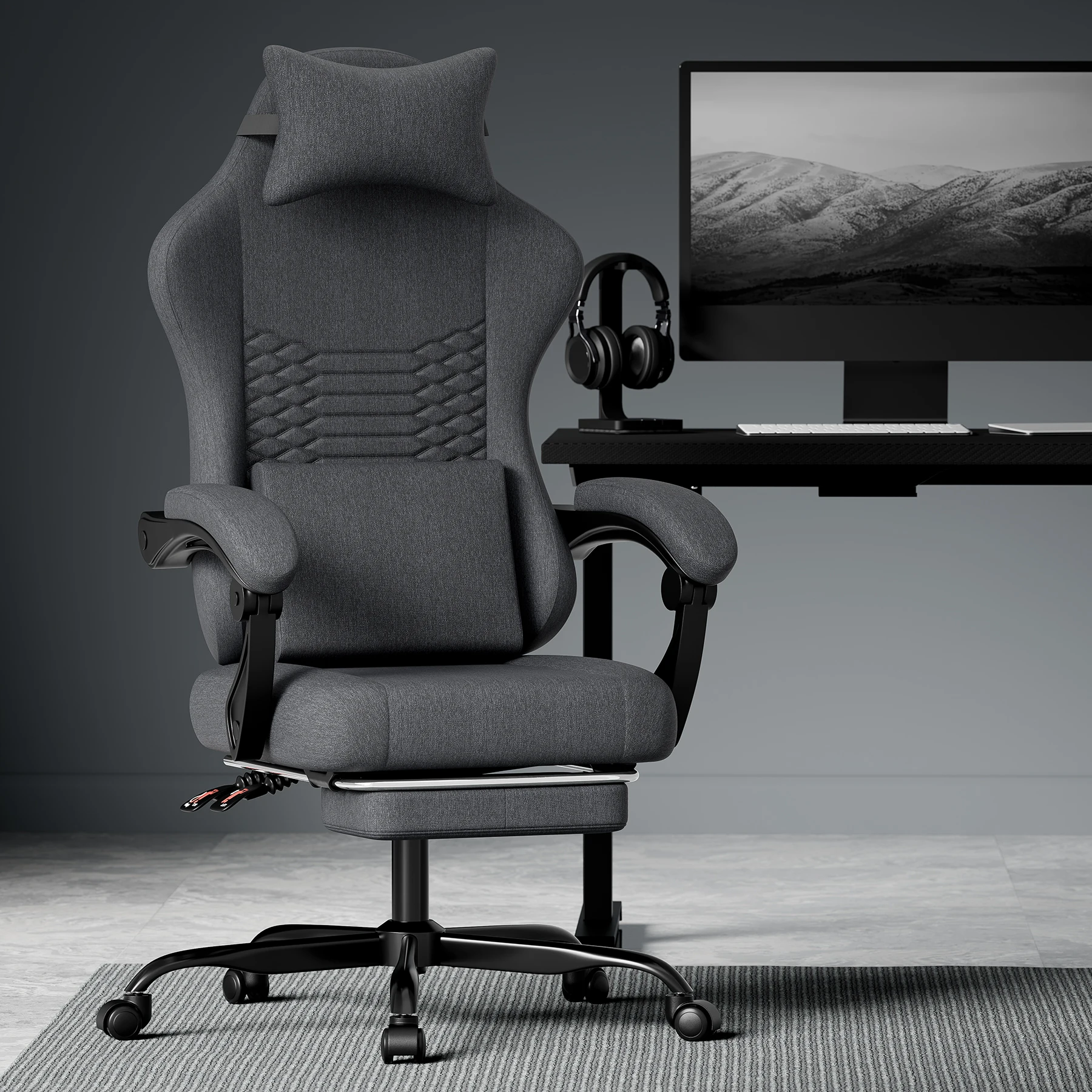 Dunkelgrauer Gaming-Stuhl aus Stoff, ergonomischer Computerstuhl im Racing-Stil mit Fußstütze, Massage-Bürostuhl mit Lendenwirbelstütze und Kopfstütze, verstellbarer Drehstuhl mit hoher Rückenlehne für Gaming und Arbeit
