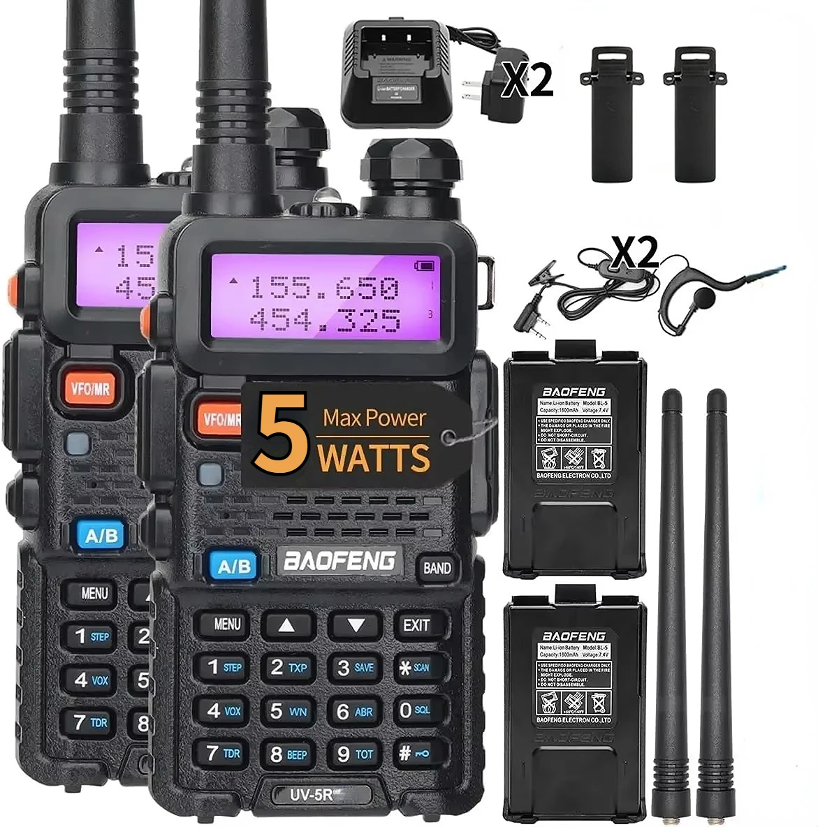1/2 Stück BaoFeng UV-5R 5W Tri-Power Walkie-Talkie Hochleistungs-Dualband Langstrecken-Funkgerät mit 128 Kanälen Tragbares UV 5R Amateurfunk-Zweiwege-Radio Image