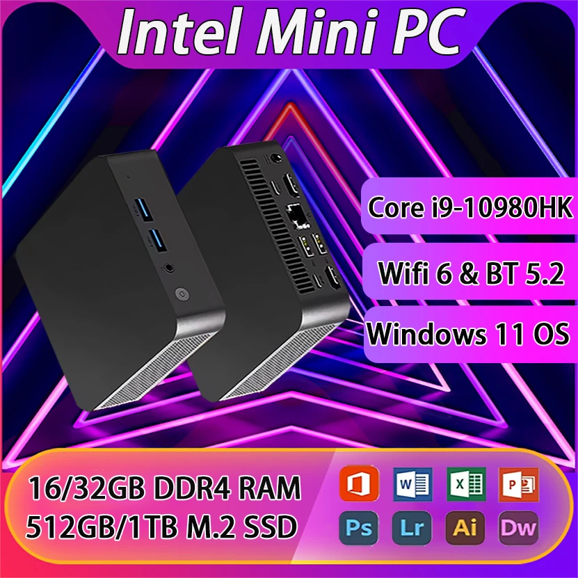Intel Core i9 10980HK Mini-PC Windows 11 Pro 32GB DDR4 1TB SSD PC Gamer Computer Dual WIFI 6 BT5.2 4K HD Mini Gaming-PC Desktop