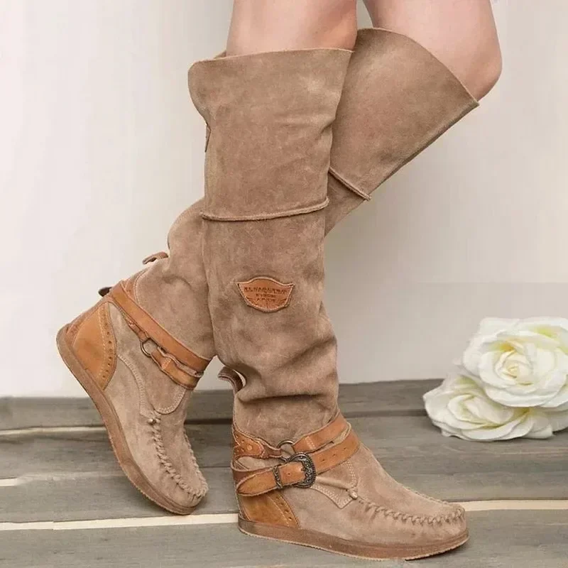 Vintage Frauen Boot Casual Knie Stiefel Frauen Schuhe mit hohen absätzen Thermische Überschuhe Hohe Boot Zapatos Mujer Sapato 2025
