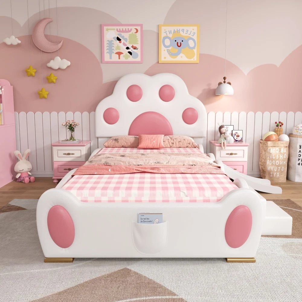 PINGGO Kinderbett Einzelbett Cartoon Katzenfüße Polsterbett mit Rutsche und Leiter PU-Leder Weiß Rosa 90x200cm Ohne Matratze