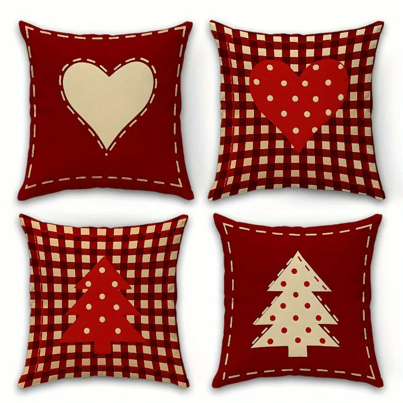 Böhmische florale Herz-Kissenbezüge – rot/weiß kariert und Weihnachtsbaum | Valentinstag- und Jahressofa, Schlafzimmer, Auto-Dekoration Image