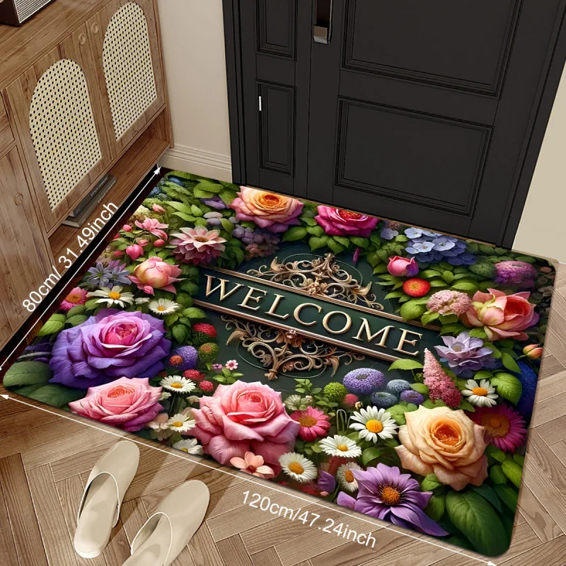 VIKAMA Bunte Fußmatte mit Blumenmuster, waschbar, rutschfest, für den Innen- und Außenbereich, für Küche, Schlafzimmer, Heimdekoration Image