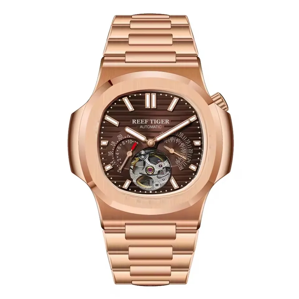 Reef Tiger Herren-Automatikuhr, luxuriös, 44 mm, quadratisch, mechanische Armbanduhr, 5 ATM, leuchtender Saphir, kleine Sekunde und 24 Stunden Zifferblatt