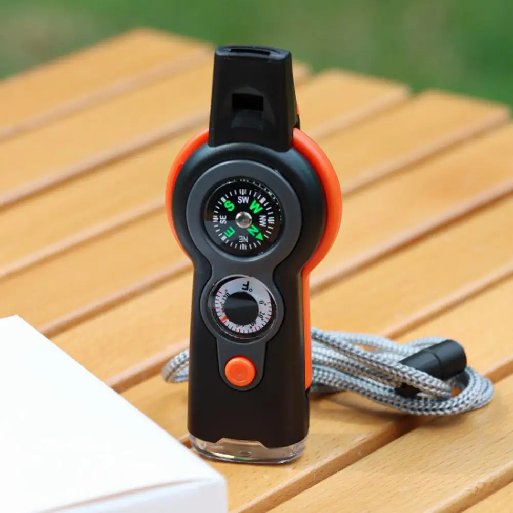 7-in-1-Überlebenspfeife, multifunktionale Outdoor-Pfeife mit Kompass, Thermometer, Schiedsrichterpfeife, Camping, Wanderausrüstung, Werkzeuge Image