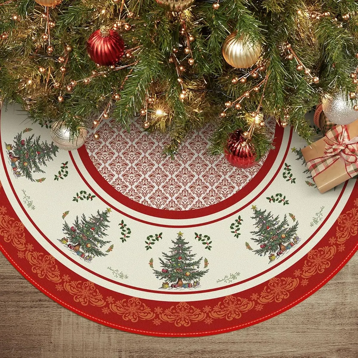 VIKAMA American Vintage Weihnachtsbaumrock, rot und weiß, farblich passender Weihnachtsbaumrock, Kissen, Weihnachtsdekoration Image