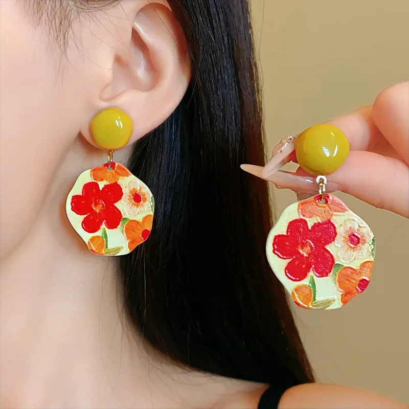 Dopamin Ölgemälde Blume Baumeln Ohrringe für Frauen Pastoralen Stil Unregelmäßige Acryl Tropfen Ohrring Süße Mori Mädchen Schmuck E Image