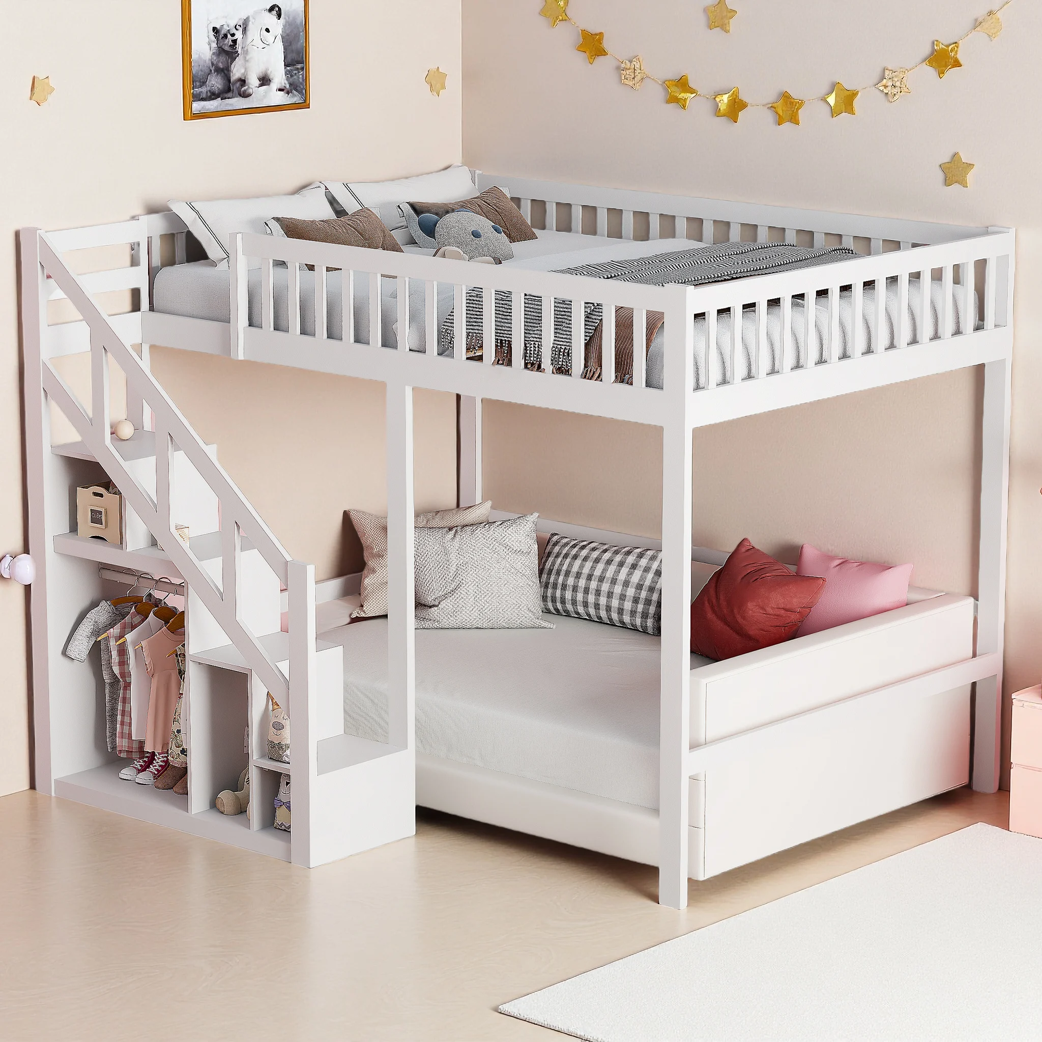 Anajqaqia Kinder-Etagenbett 90x200cm, Massivholzbett mit Sicherheitstreppe & Aufbewahrungsschrank, Spielbett, Einzelbettgestell, Weiß