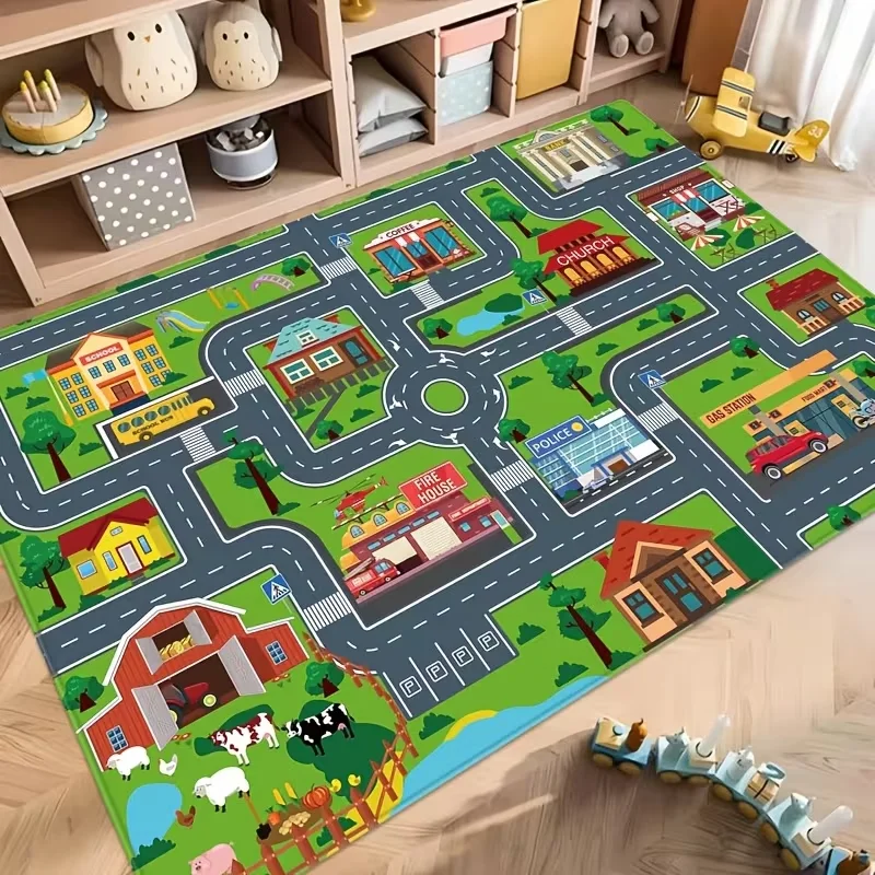 Kinder Cartoon Stadtverkehr Straßenkarte Teppich Weicher Rutschfester Lehrreicher Spielteppich für Kleinkinder Spielzimmer Schlafzimmer Wohnzimmer