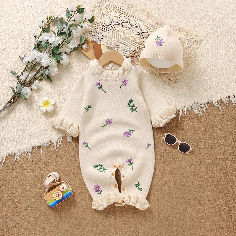 Baby Mädchen Strampler Kleidung Herbst Winter Floral Stricken Neugeborenen Babys Langarm Overalls Hüte Outfits Sets 0-18m infant Kostüm Image