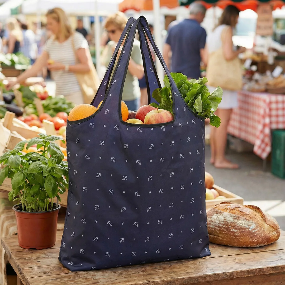 Schwarze, farbenfrohe, marineblaue, faltbare Einkaufstasche mit Blumenmuster für Lebensmittel, Reisen, Picknick, Camping, umweltfreundliche, leichte Tragetasche Image