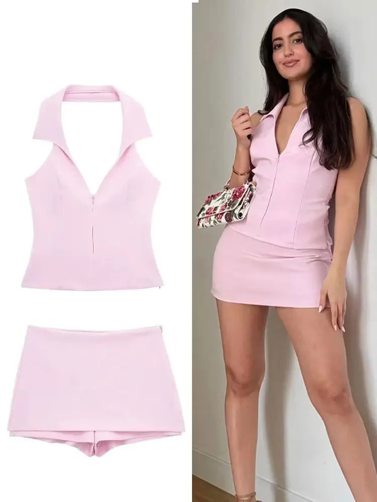 HH Damen-Set, lässige Röcke, Shorts, schickes Neckholder-Hemd, rückenfreies Top und Shorts, süßes rosa Sommer-Sexy-Shorts-Sets Image