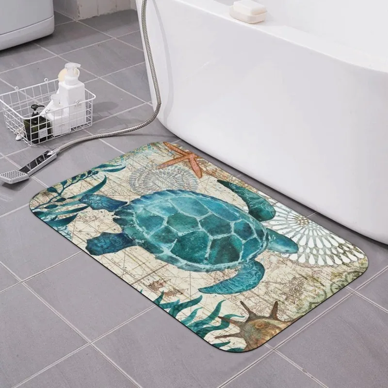 Badematte mit Meeresschildkröten-Seestern-Muster, rutschfester, saugfähiger Badezimmerteppich für Heimdekoration, waschbare Bodenmatte, Teppich im Meer-Stil Image