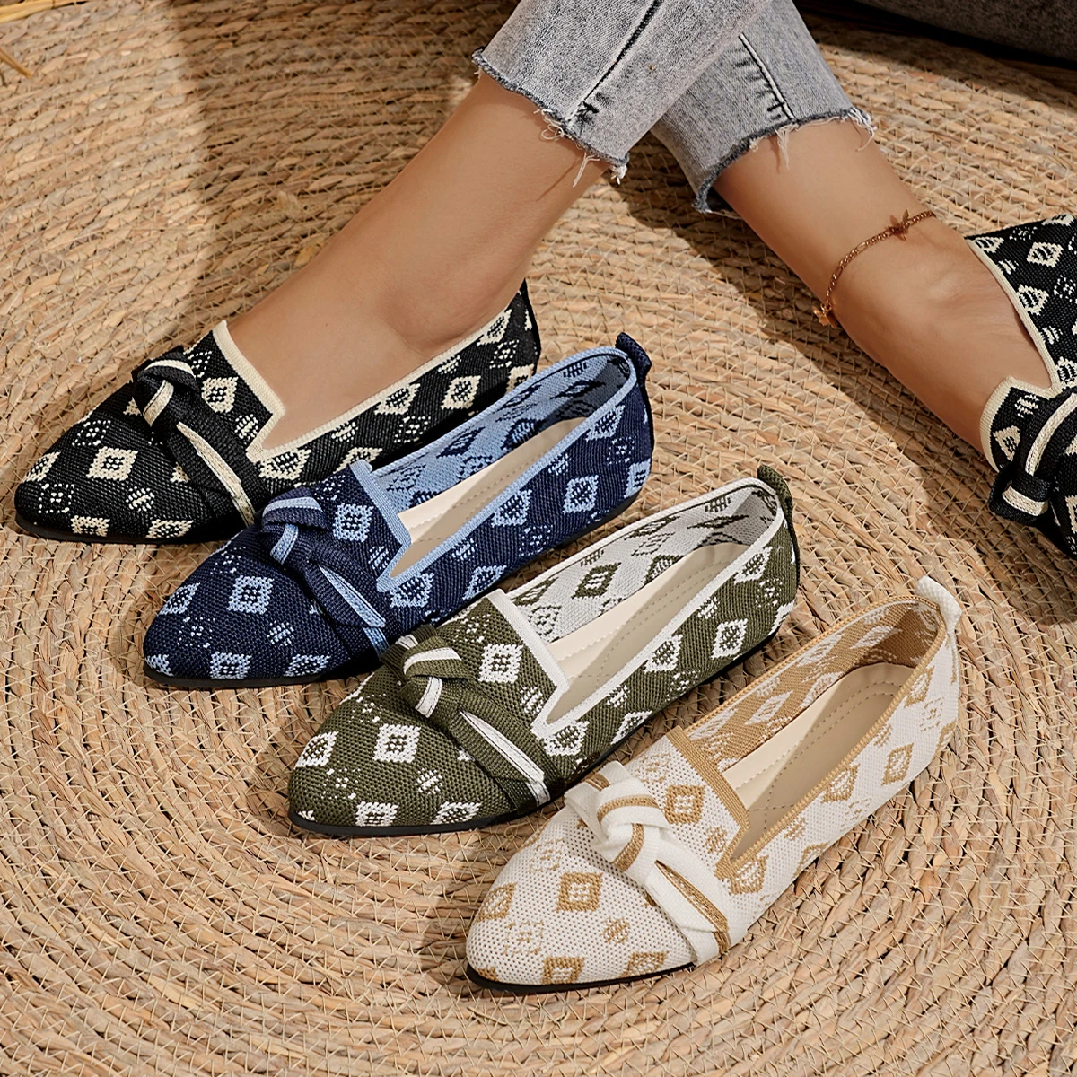 Women Pointed Bow Casual Breathable Single Shoes Summer Fashion Shallow Mouth Breathable Anti-slip Flat Shoes Plus Size 43