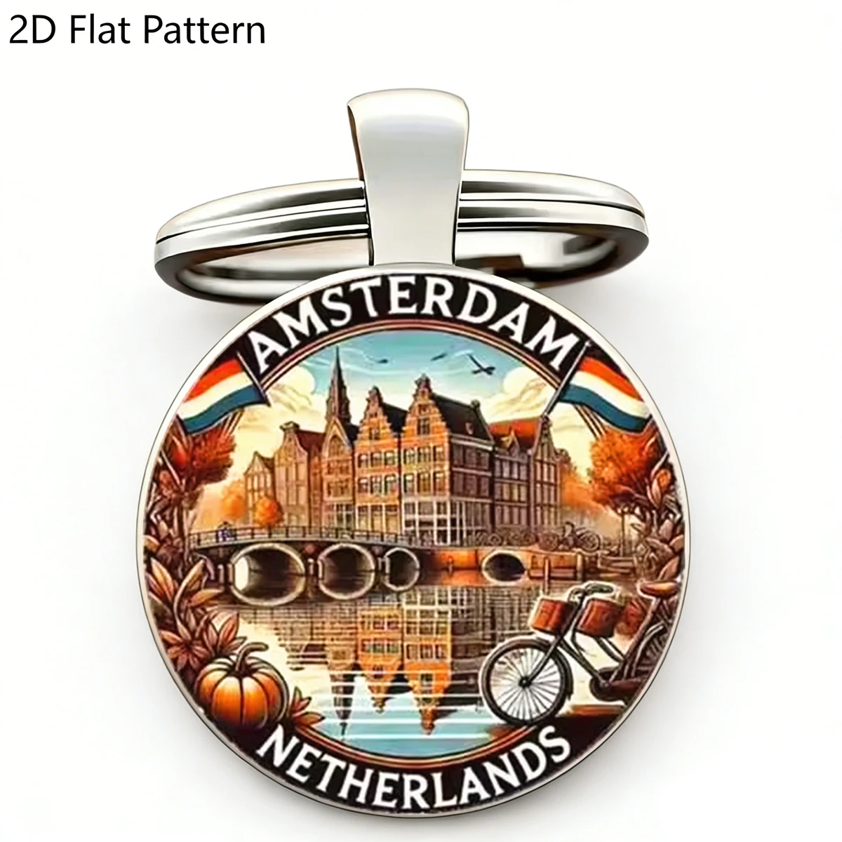 1 Stück Vintage Amsterdam Landschaft Schlüsselanhänger Herbst Orange Farbe Kanal-Design Langlebiger Metall-Schlüsselring Niederlande Reise-Souvenir Geschenk