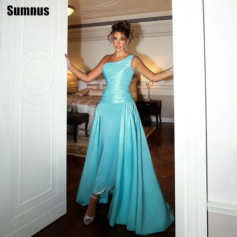 Sumnus Elegante A-Linien-Abschlussballkleider in Türkis, One-Shoulder-Kleider mit Perlenstickerei, Midi-Partykleider mit Schleppe، Abendkleider nach Maß
