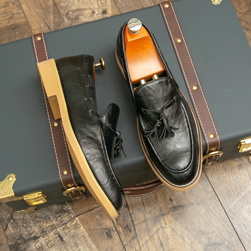 Original klassische Herren-Schuhe aus schwarzem Leder, handgefertigte Quasten-Hochzeits-Loafer für Männer, bequeme weiche Sohle, lässige flache Schuhe, Größe 38–47