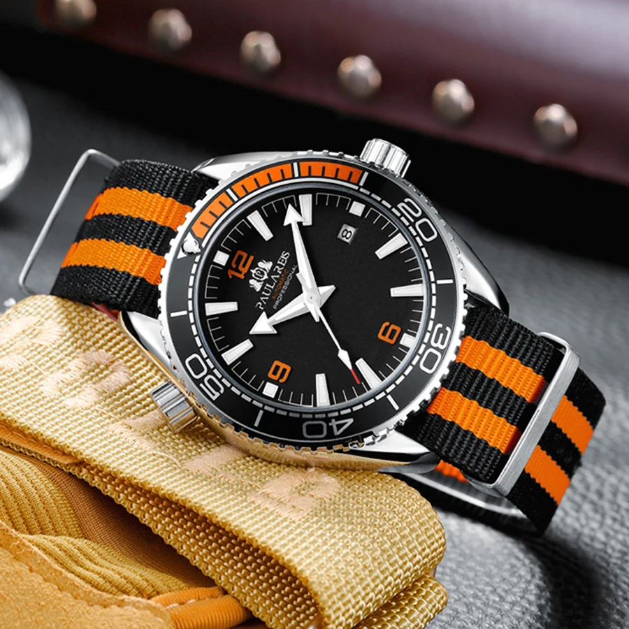 Automatische Herrenuhr mit Automatikaufzug, mechanisches Uhrwerk, Orange, Schwarz, Blau, Rot, Grau, Canvas-Armband, luxuriöse Modeuhren Image