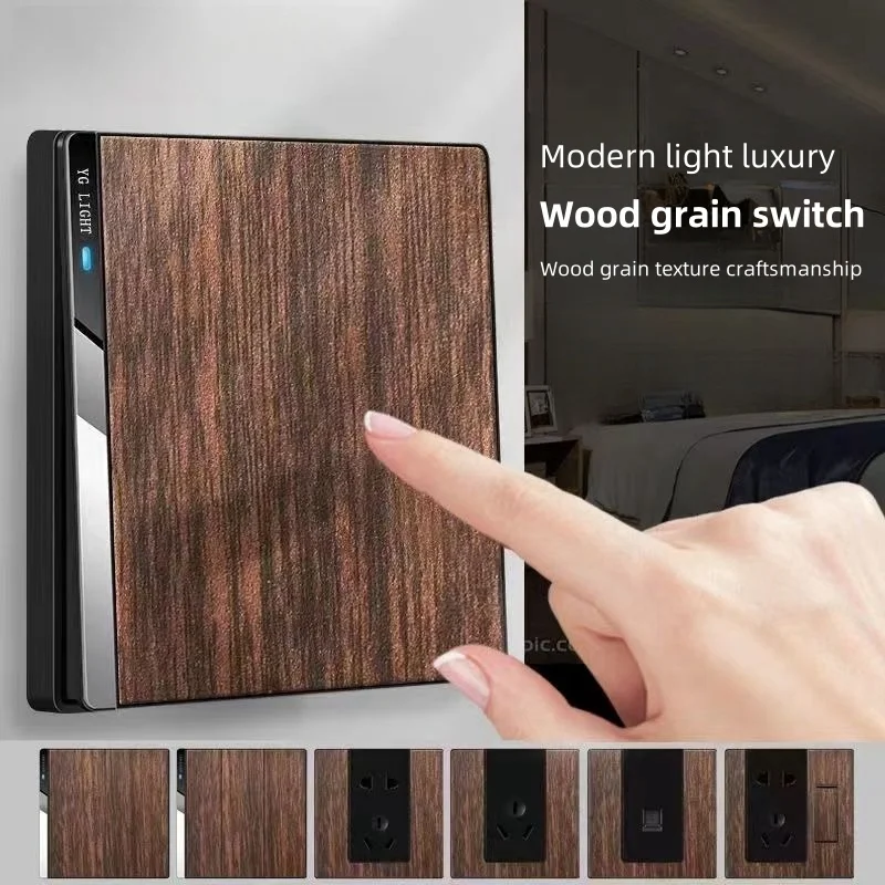 Knopfschalttafel, europäischer Standard, Typ 86, Holzmaserung, Retro, minimalistisch, moderner Stil, Nacht-LED-Anzeigeleuchte, 1, 2, 3, 4 Gang Image
