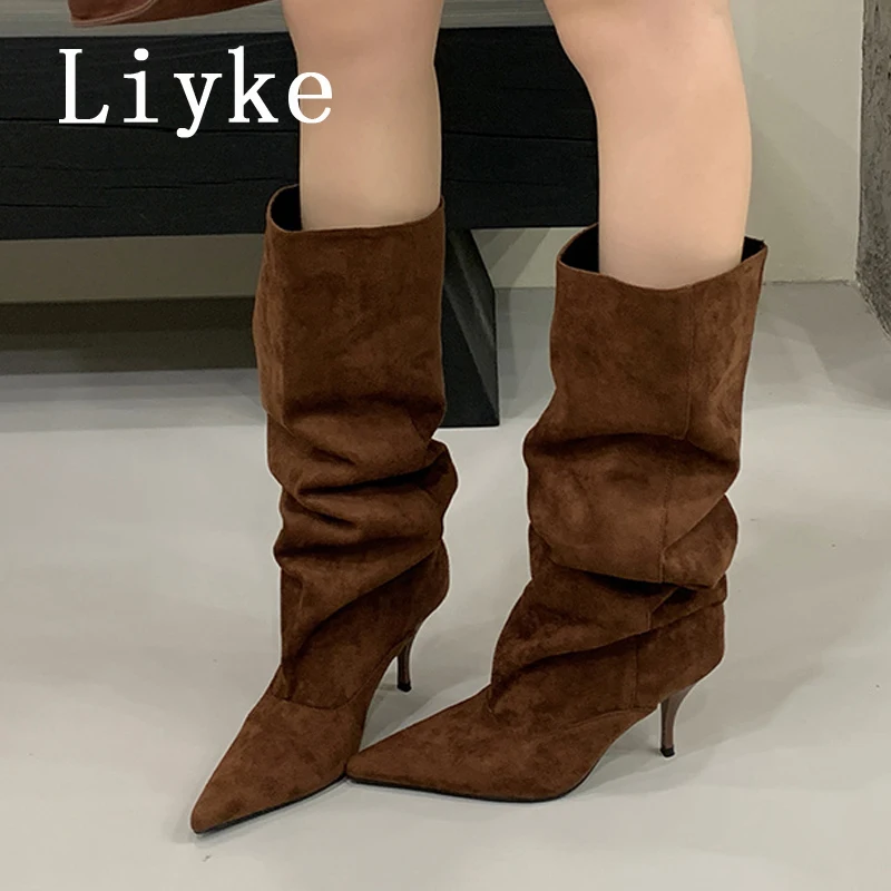 Liyke Herbst Winter Dünne Kätzchen Heels Kniehohe Stiefel Frauen Punk Vintage Spitz Runway Laufsteg Schuhe Lange Booties Größe 40