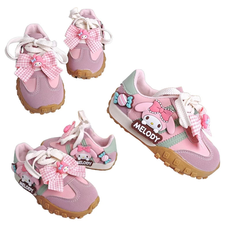 My Melody-Mädchen-Cartoon-Schuhe aus PU-Leder, weiche Outdoor-Schleife, rutschfeste Turnschuhe, Kinderschuhe, Rosa, Größe 26–37
